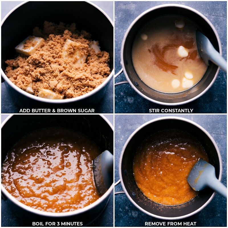 Process shots: Combine butter and brown sugar in a pan; melt while stirring constantly. Cook at a rolling boil for three minutes and then remove from the heat.