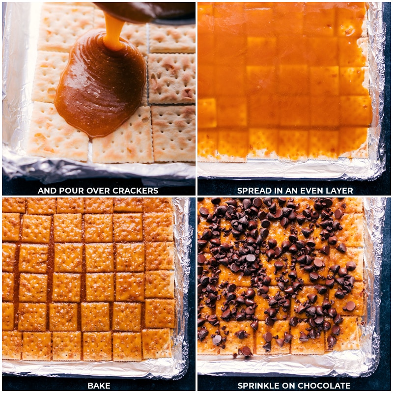 Process shots: pour sugar syrup over the cracker base; spread in an even layer; bake and then top with your choice of garnishes.