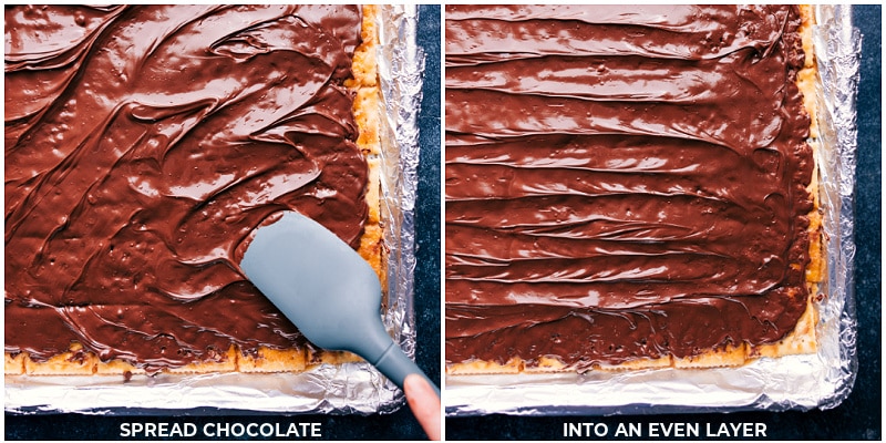 Process shots: spread the chocolate into an even layer as soon as the crackers come out of the oven.