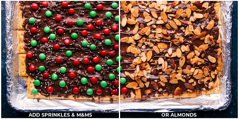 Process shots: Add sprinkles and candies or chopped nuts to the top of Christmas Crack