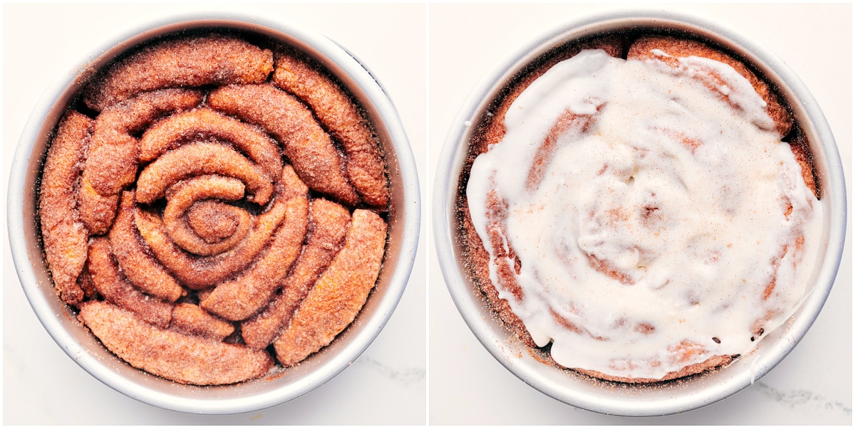 The Cinnamon Roll Cake Recipe Baked And Frosted Baked biscuits in a pan topped with cream cheese frosting.
