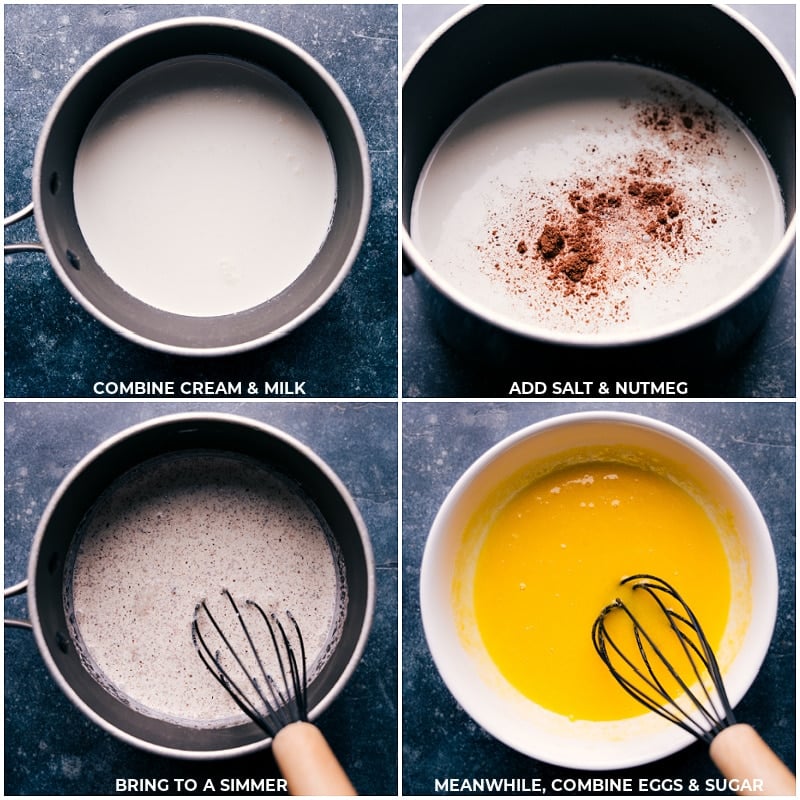 Process shots-- images of the cream, milk, salt, and nutmeg being combined and then eggs and sugar being whisked together