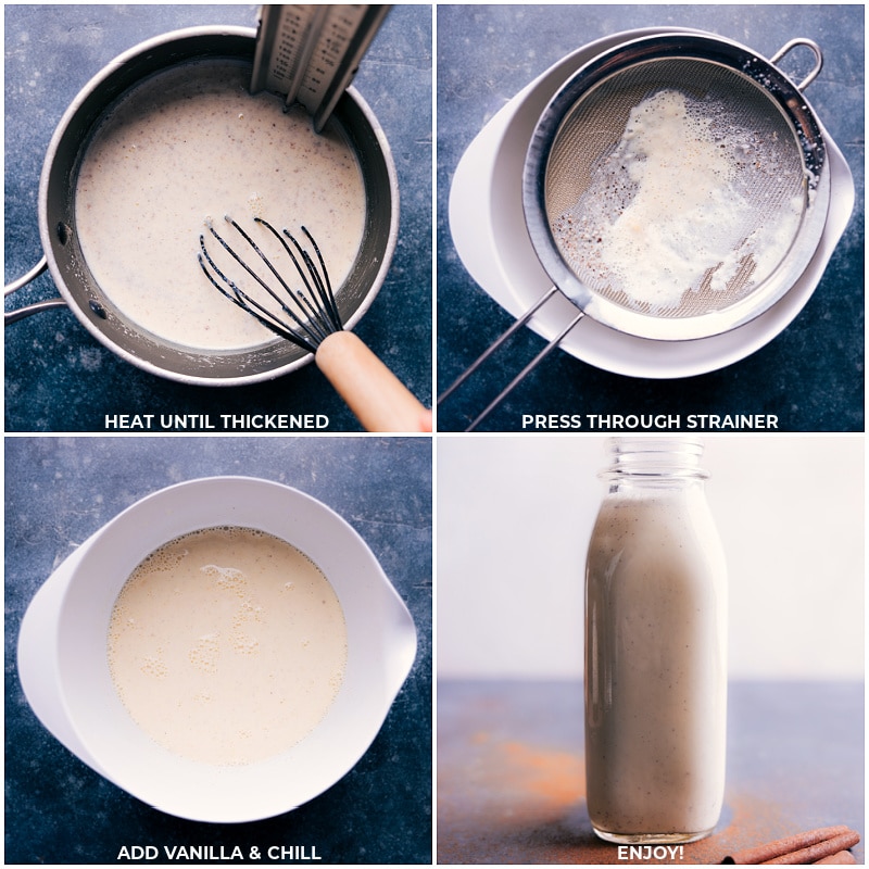 Process shots of egg nog-- images of the mixture being heated through to thicken and then strained to chill