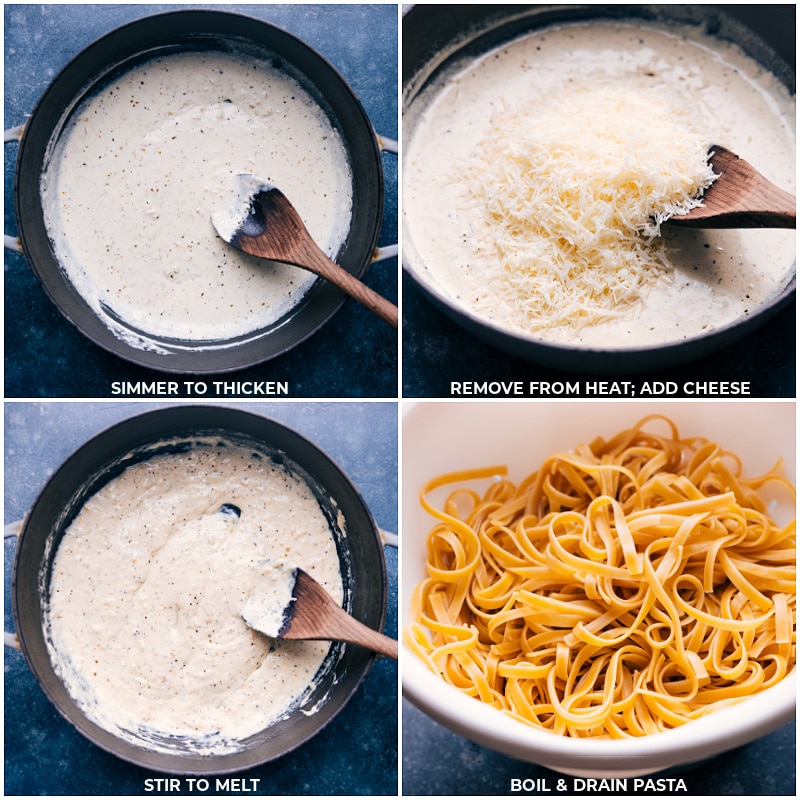 Process shots of Fettuccine Alfredo-- images of the sauce thickening and then cheese being added and the pasta being boiled and drained