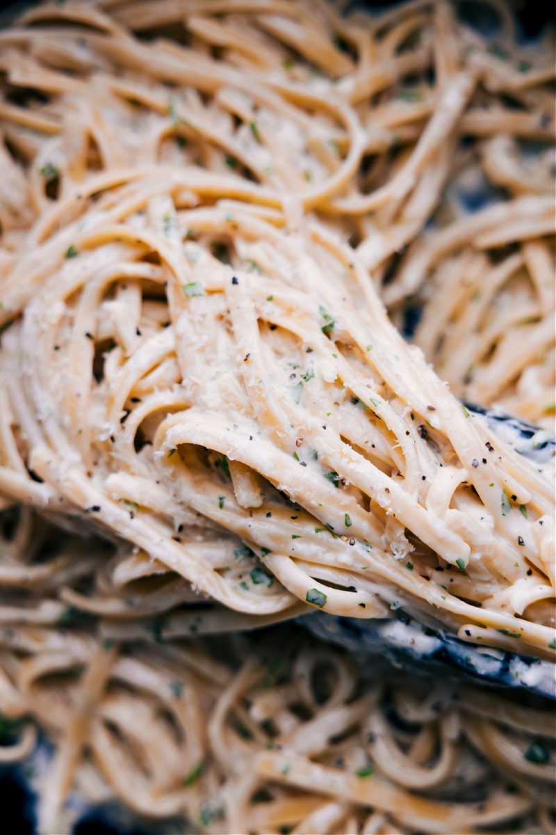 Up-close overhead image of the Fettuccine Alfredo ready to be enjoyed