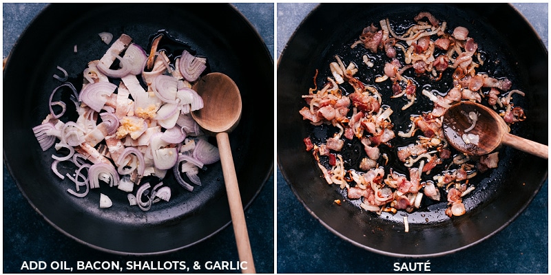 Process shots-- images of the shallots, bacon, and garlic being cooked in one pot
