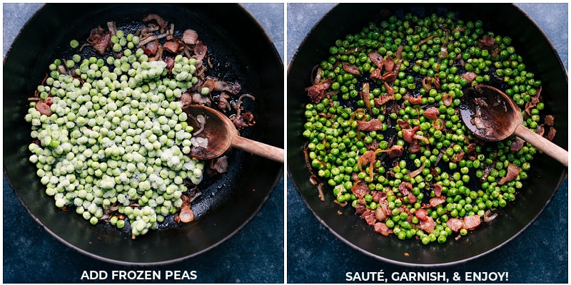Process shots-- images of the frozen peas being added to the pot and it all being cooked together