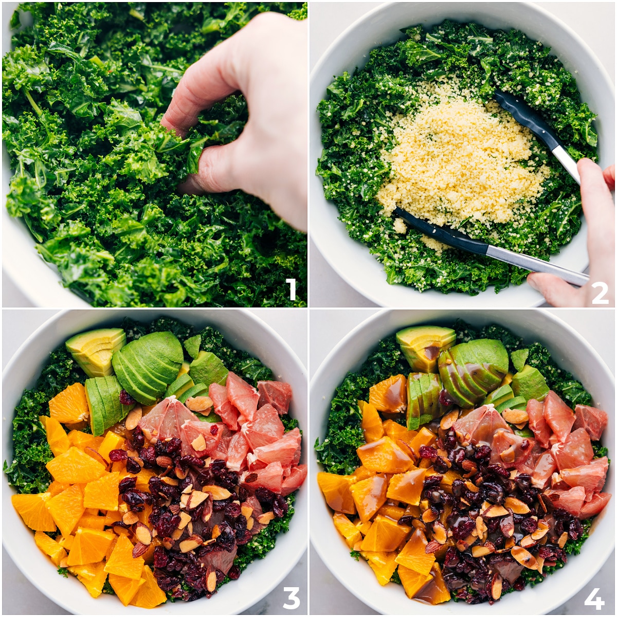 Kale, couscous, nuts, and fruit being added to a bowl and it all being dressed.