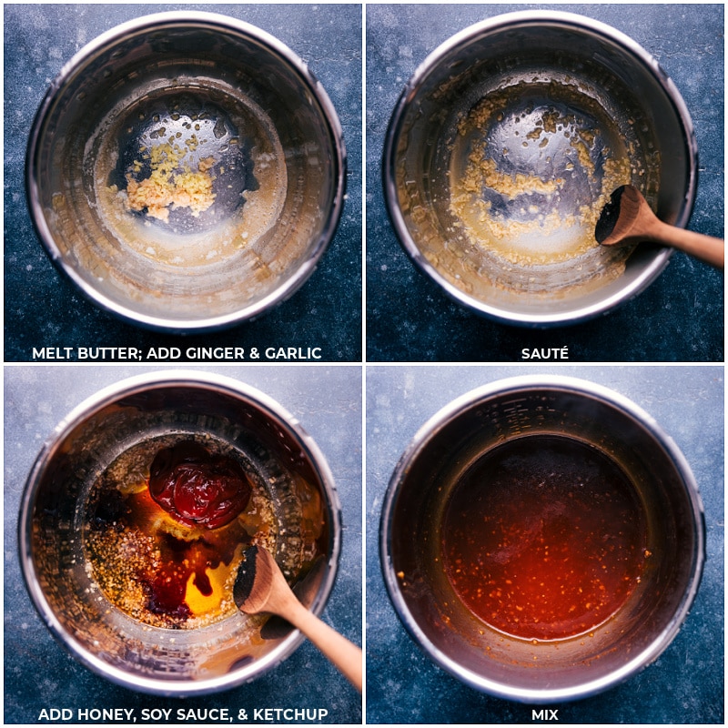 Process shots: melt butter, add ginger and garlic; sauté; mis in honey, soy sauce and ketchup.