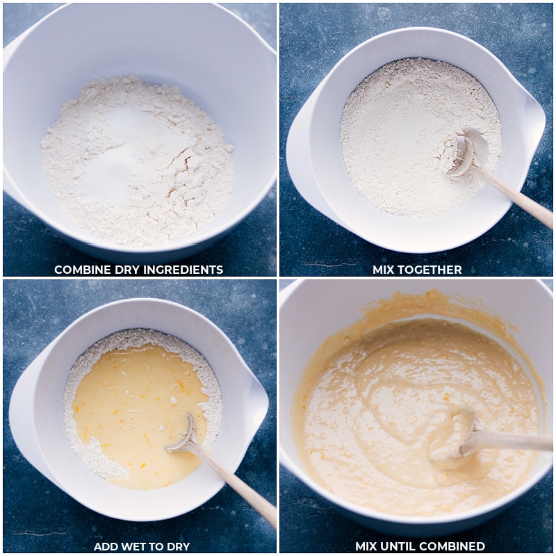 Process shots of Lemon Bread-- images of the dry ingredients and wet ingredients being mixed together