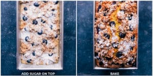 Adding sugar on top of the batter and baking until golden brown, creating the perfect loaf of blueberry lemon bread.