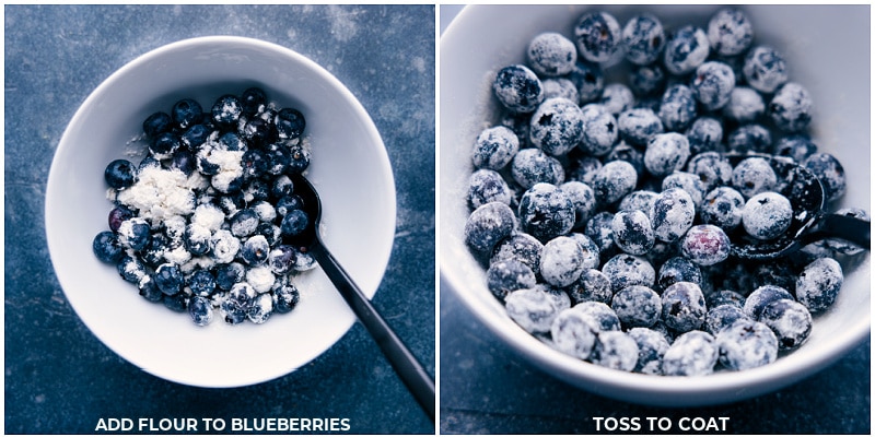 Adding flour to a bowl of blueberries and mixing until well coated.