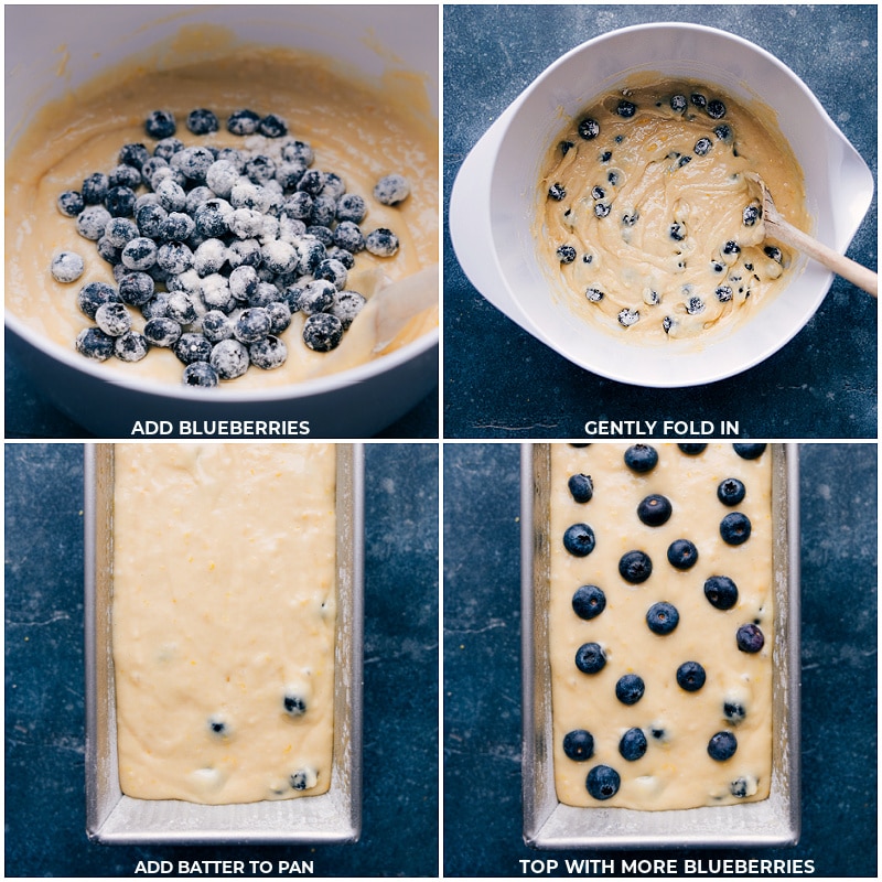 Adding blueberries to the batter and gently folding them in, then adding the batter to the pan and topping with more blueberries.