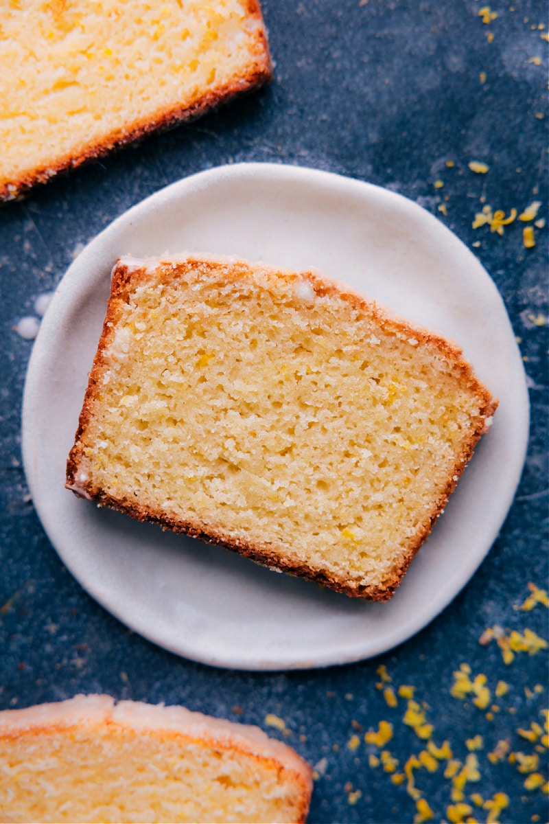 Overhead image of a slice of Lemon Bread on a plate