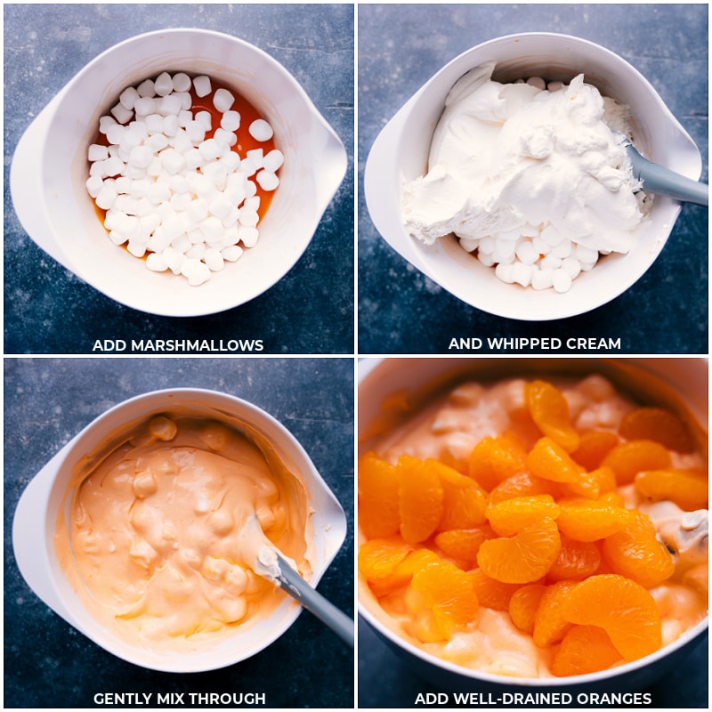 Process shots-- images of the marshmallows being added followed by whipped cream and mandarin oranges