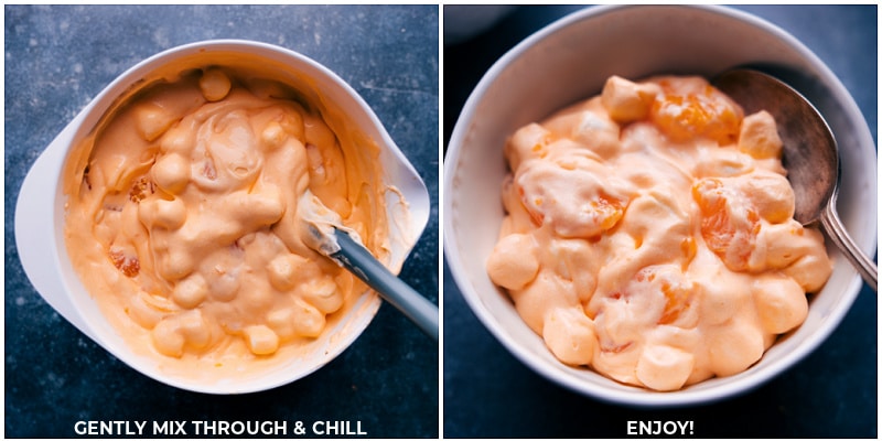 Process shots-- images of the Orange Fluff Salad in a bowl, being mixed together