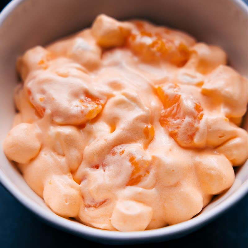 Overhead image of the dessert salad in a bowl ready to be enjoyed