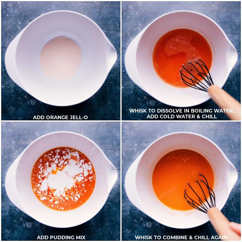 Process shots of Orange Fluff Salad-- images of the Jell-O being cooked and then the pudding mix being added