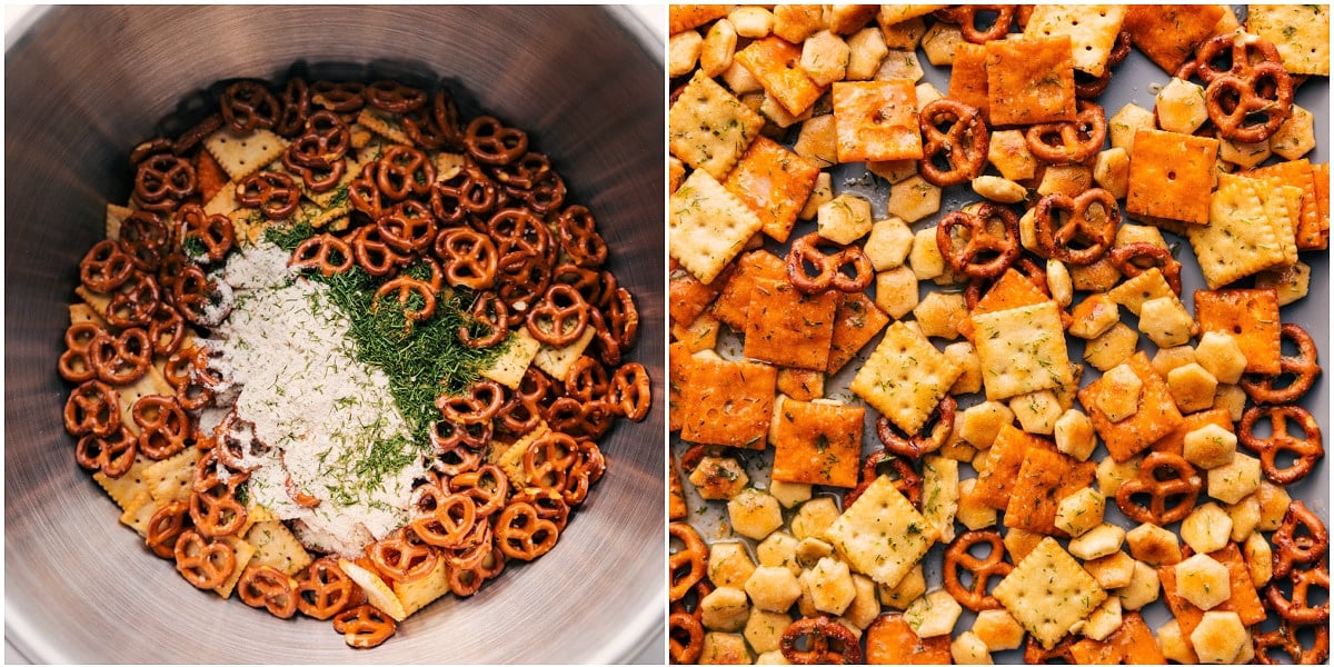 This Chex Mix Recipe is loaded with crispy cereal, pretzels, cheese crackers, and nuts. The seasoned butter pulls everything together into a mix that is nothing short of addicting! Recipe via ChelseasMessyApron.com #snackmix #chexmix #chex #snack #cereal Party Mix Recipe ingredients combined in a large bowl, then spread on a sheet pan for baking.