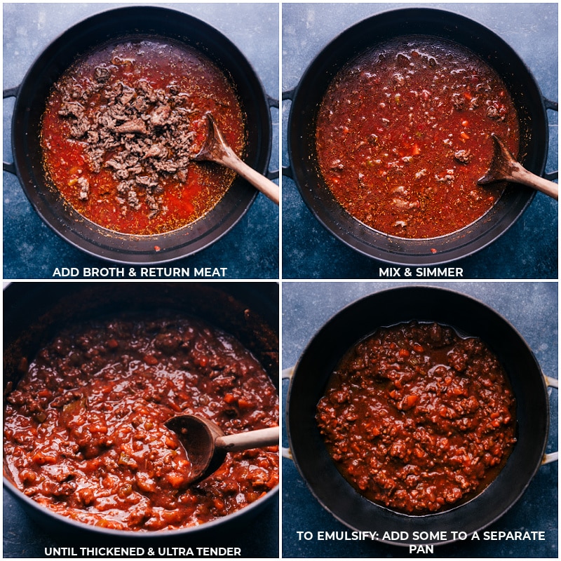 Process shots-- images of the broth being added to the pot and the meat being added back in and it all being simmered