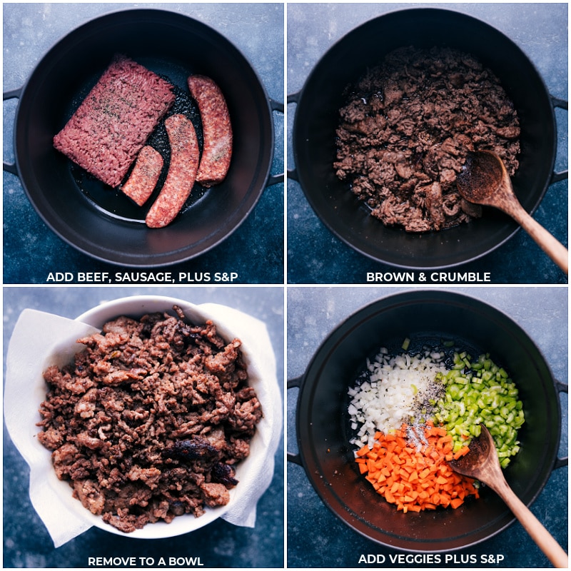 Process shots-- images of the beef and sausage being browned, then the veggies being cooked