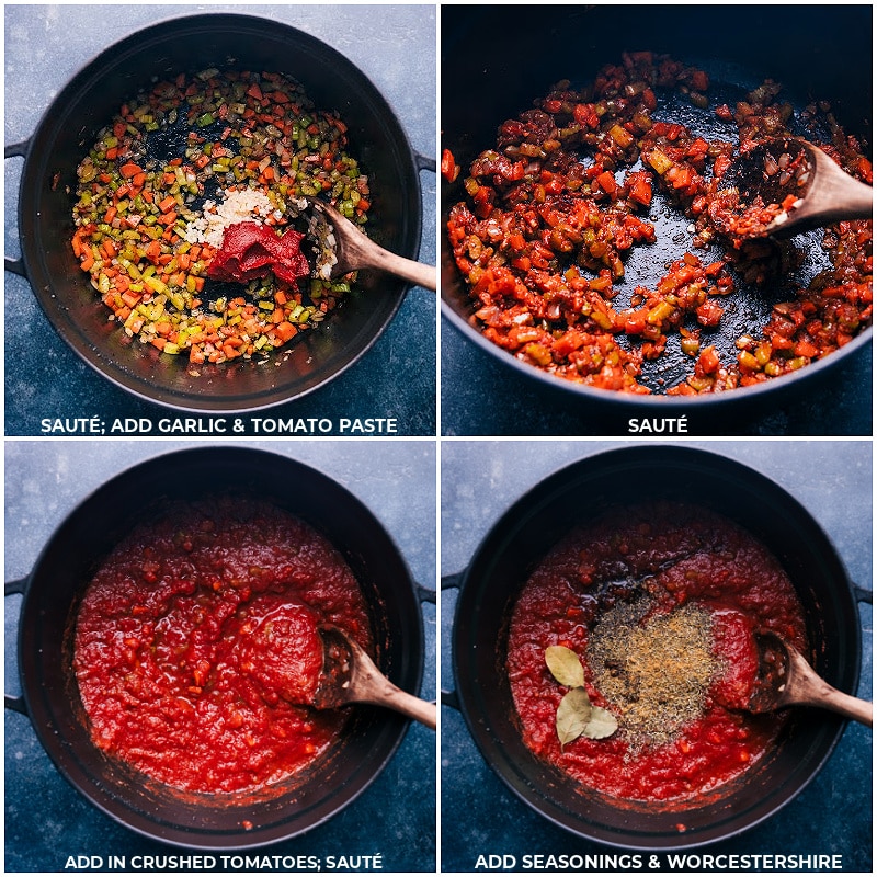 Process shots of Ragu-- images of the garlic, tomato paste, crushed tomatoes, seasonings, and Worcestershire sauce being sautéed