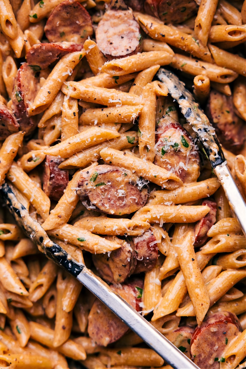 Overhead image of the Sausage Alfredo pasta