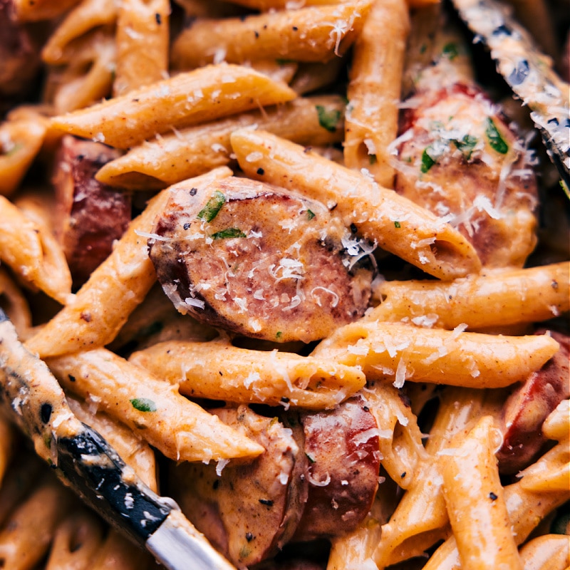 Up-close overhead image of the Sausage Alfredo Pasta ready to be enjoyed