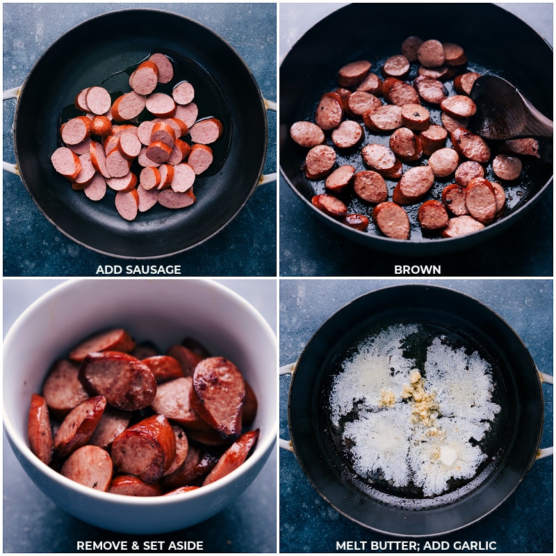 Process shoots--images of the sausage being cooked and browned and then being set aside and the butter and garlic being added to the pot
