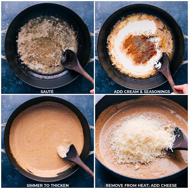 Process shots of Sausage Alfredo Pasta-- images of the cream sauce being made