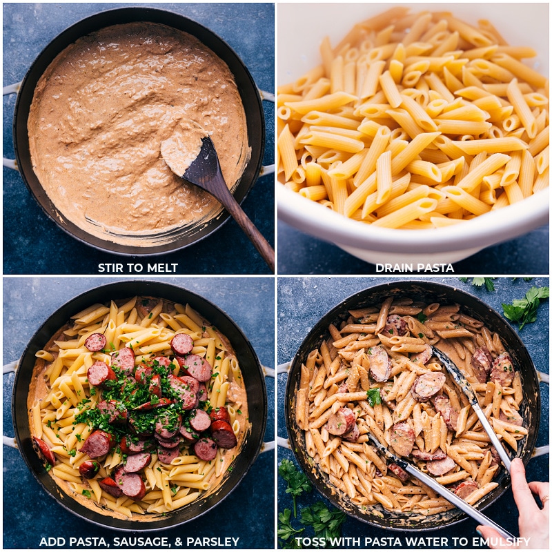 Process shots-- images of the cream sauce, pasta, and meat being all combined and mixed together