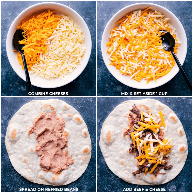 Process shots: Combine cheeses and reserve 1 cup; spread refried beans on the tortilla; top with beef and cheese.