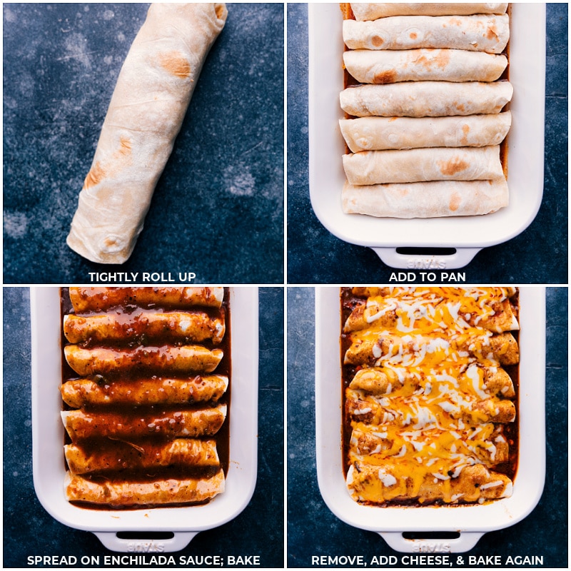 Process shots: Tightly roll the filled tortilla; add to pan; spread enchilada sauce over the rolled tortillas; bake; remove, add more cheese and return to the oven.