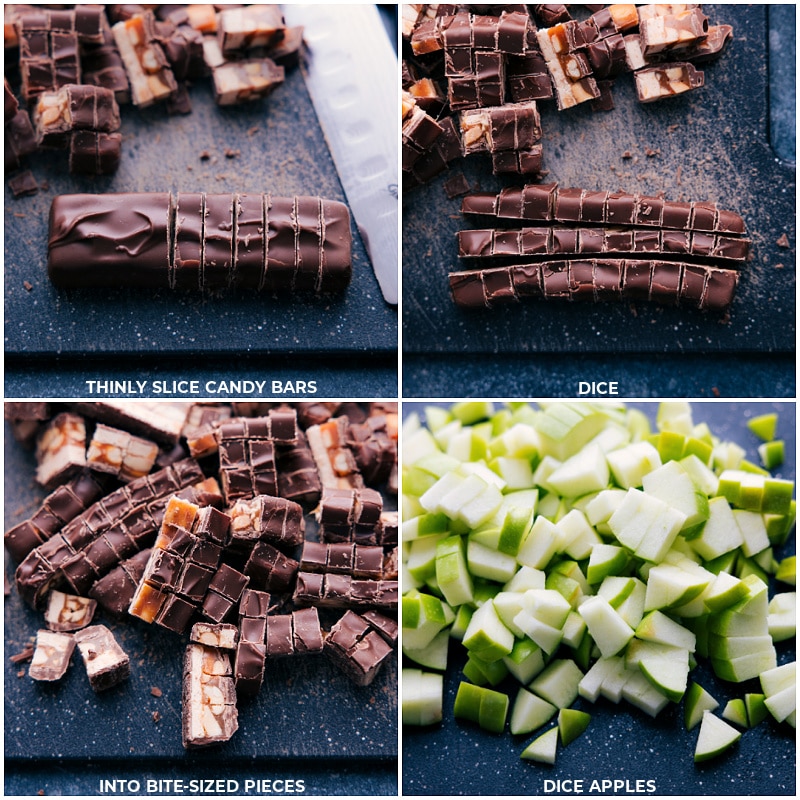 Process shots of Snickers Salad-- images of the candy bars and apples being chopped