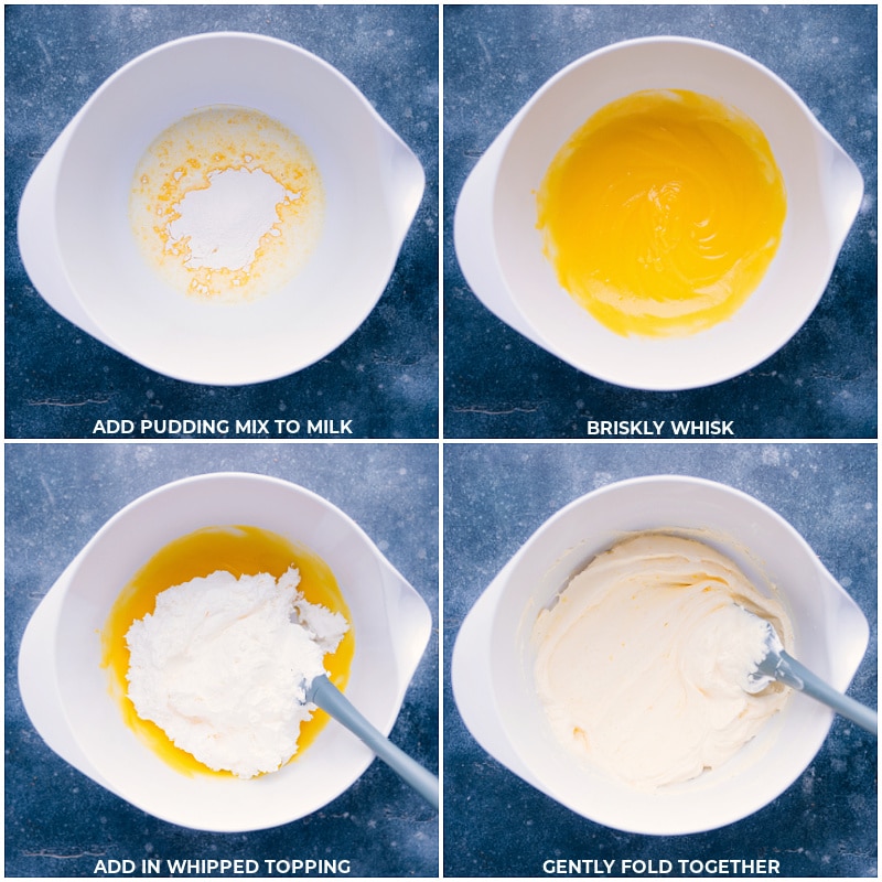 Process shots-- images of the pudding and whipped cream being mixed together