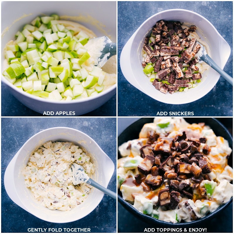 Process shots of Snickers Salad-- images of the apples and snickers being added to the pudding whipped cream mixture