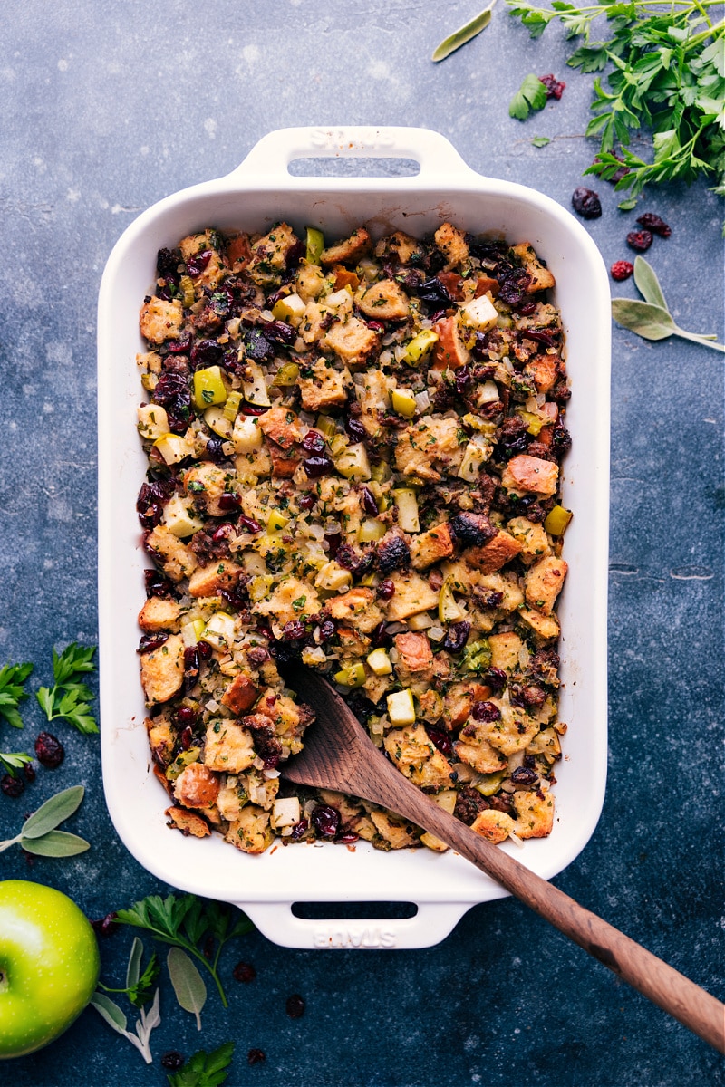 Overhead image of the Sausage Stuffing recipe