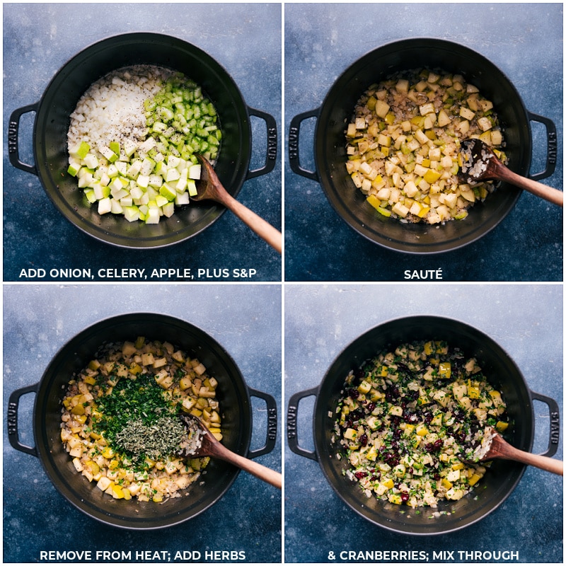 Process shots-- images of the onion, celery, apple, salt, pepper herbs, and cranberries being added to the pot