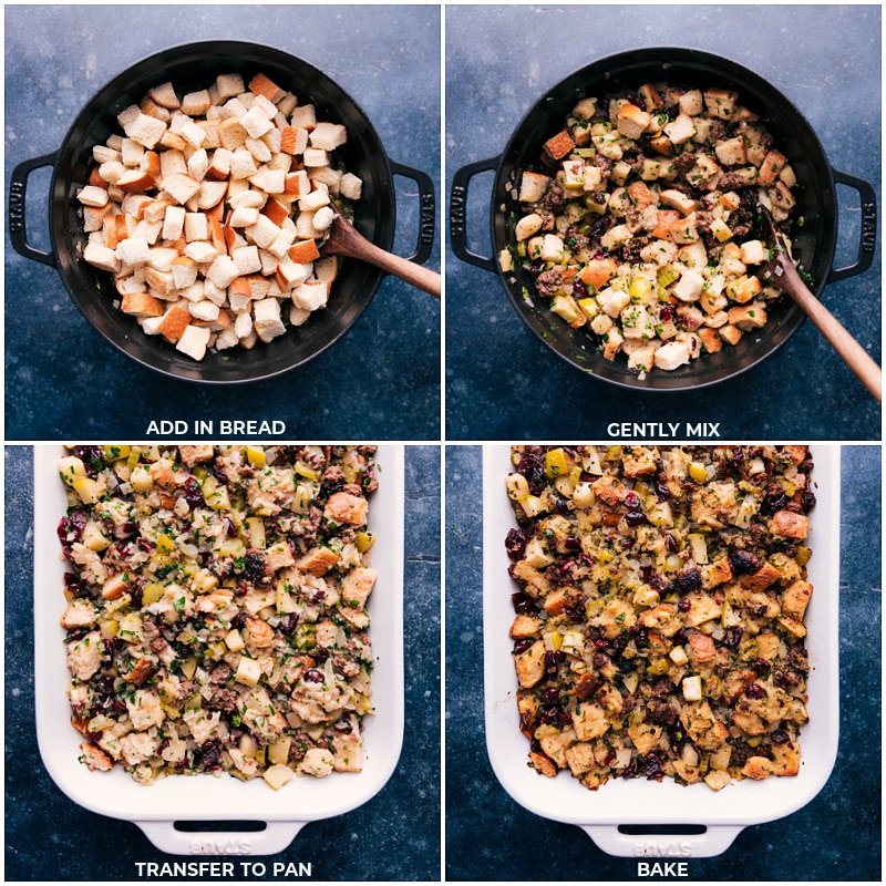 Process shots of recipe-- images of the bread being added in and it all being transferred to a pan and it being baked