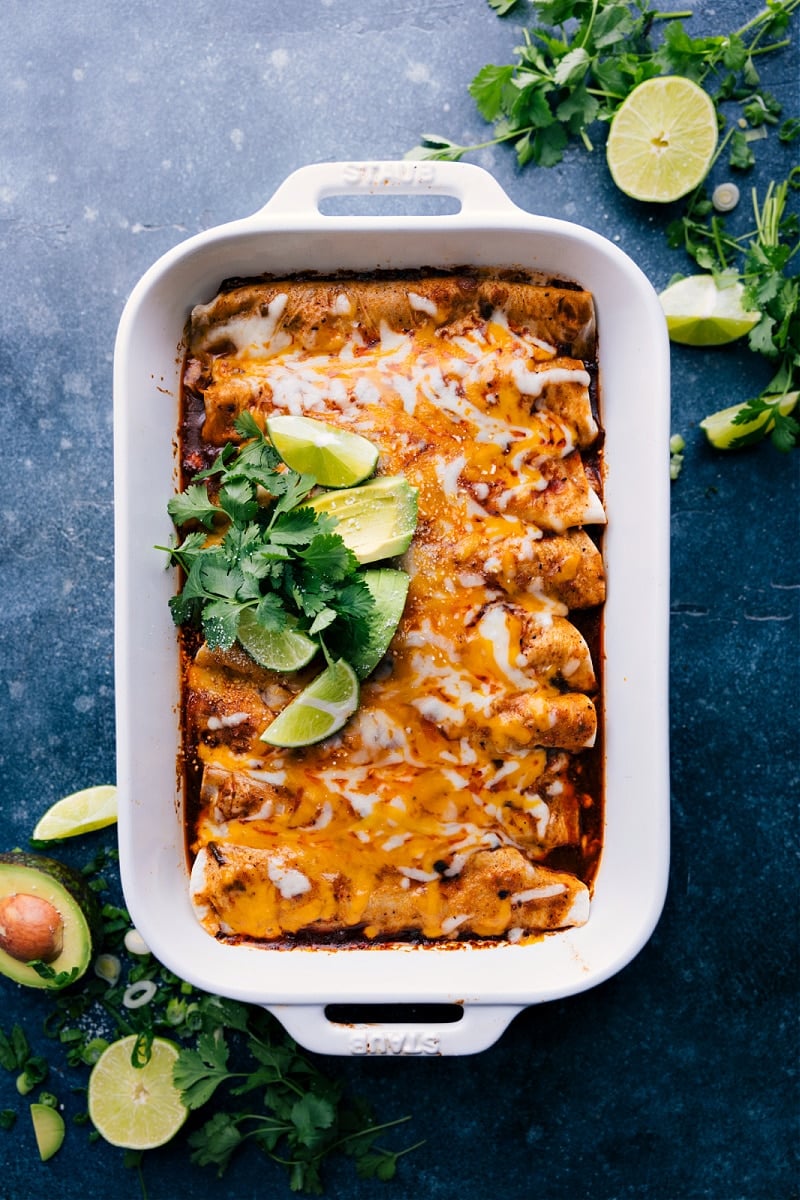 Overhead view of a pan filled with Shredded Beef Enchiladas