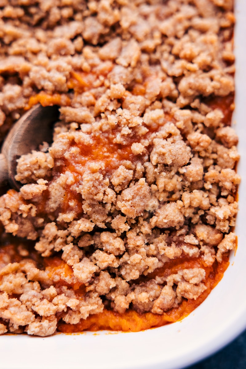 Up close overhead image of the sweet potato casserole being served