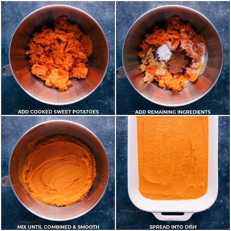 Process shots-- images of all the sweet potatoes and remaining ingredients being added to a stand mixer and it all being mixed together