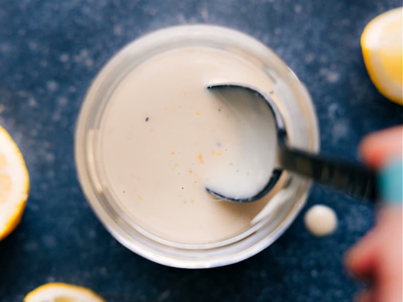 Overhead image of Tahini Dressing ready to be enjoyed