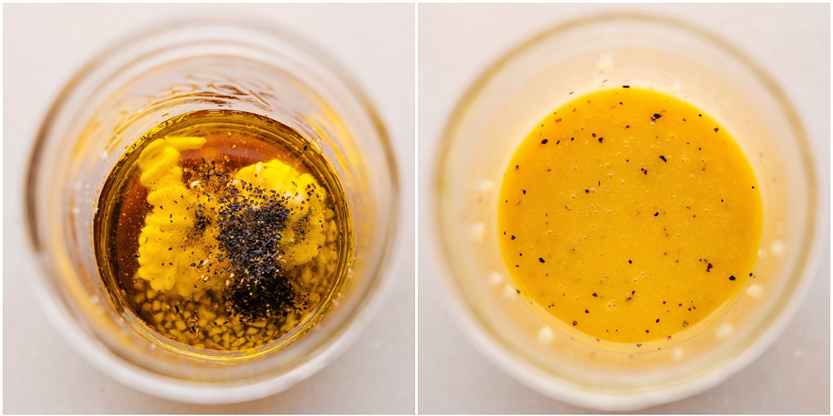 The dressing mixed in a mason jar for this winter salad recipe.