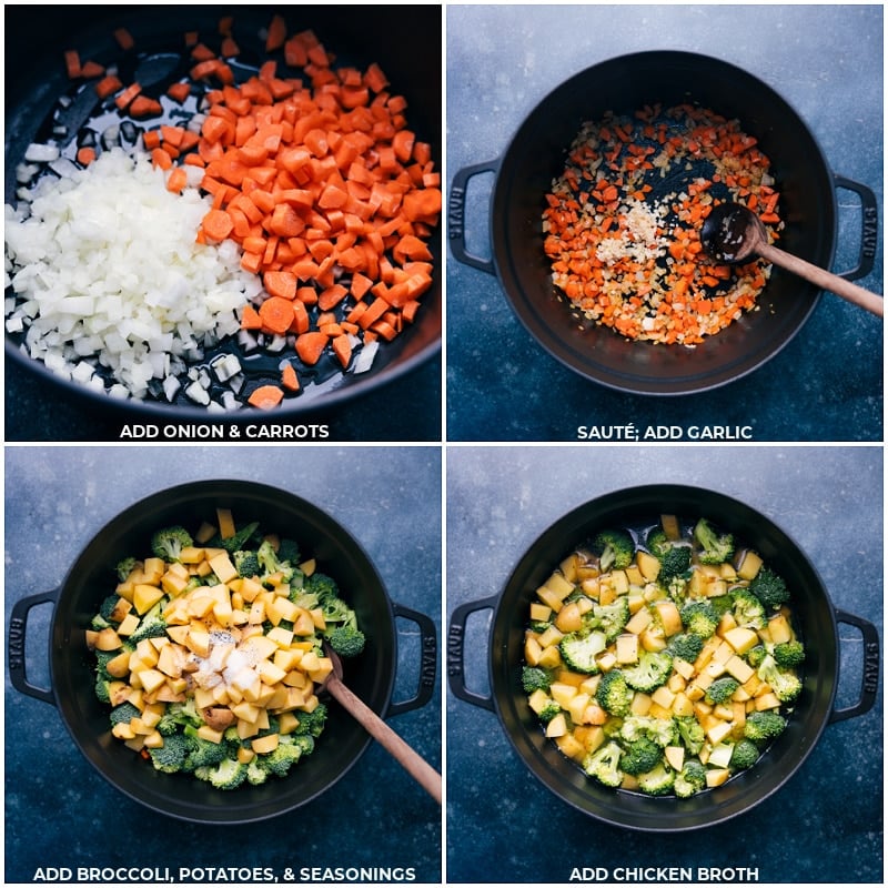 Process shots-- images of the veggies, seasonings, and chicken broth all being cooked together