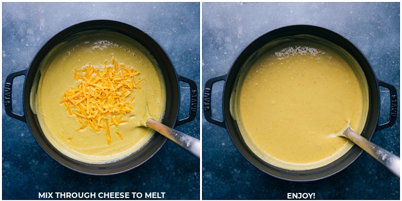 Process shots-- images of the cheese being mixed through the soup