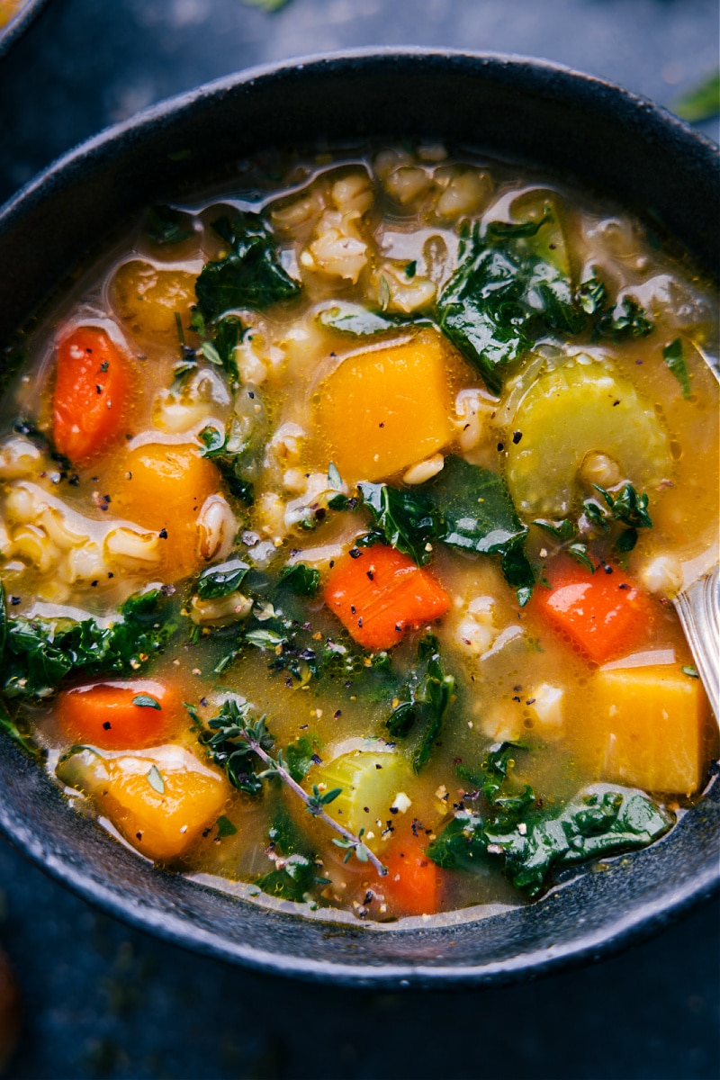 Up-close overhead image of the Barley Soup ready to be enjoyed