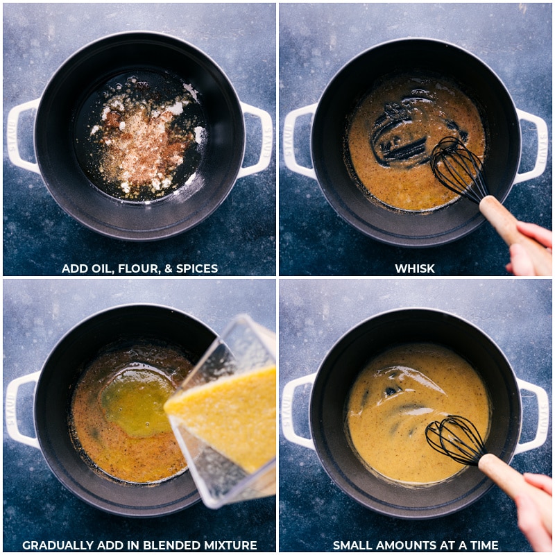 Process shots of Chicken Pozole-- images of the oil, flour, spices, and blended mixture being added to the pot