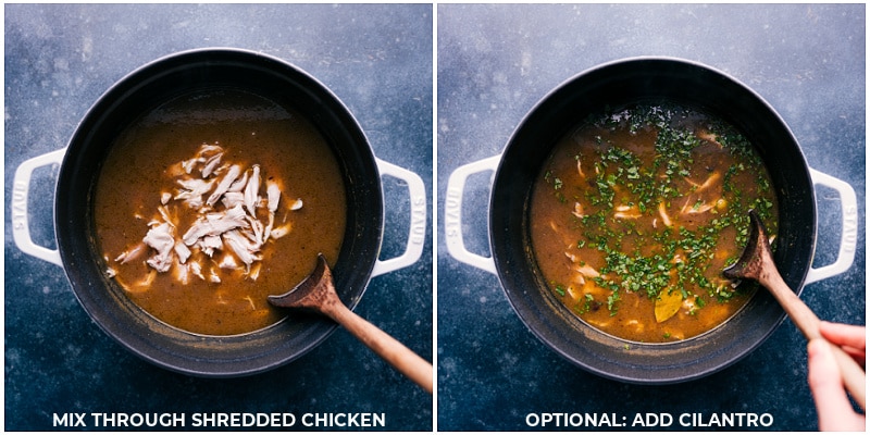 Process shots of chicken and cilantro being added into the dish