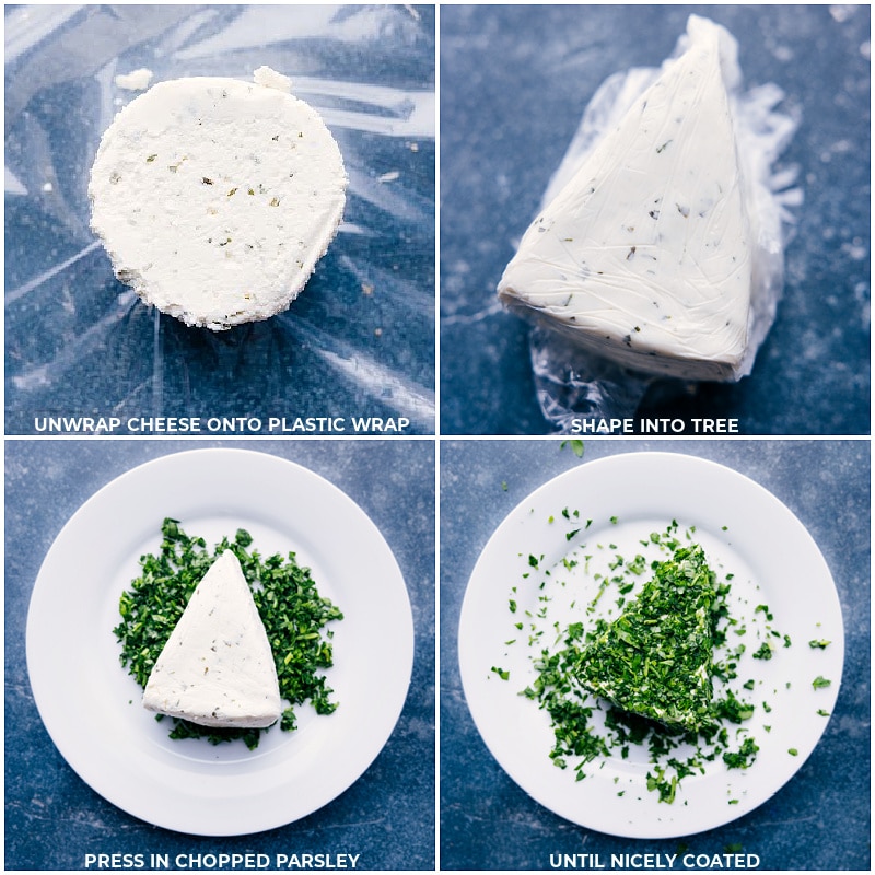 Process shots of christmas cheeseball-- images of the Boursin being shaped into a tree and rolled in fresh parsley